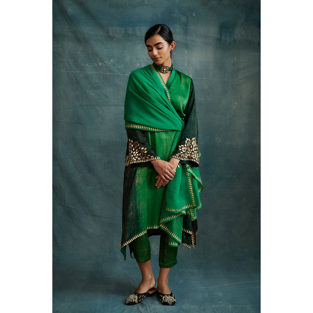Krishna Mehta Green Shaded Embroidered Block Printed Kurta and Pant with Dupatta (Set of 3)