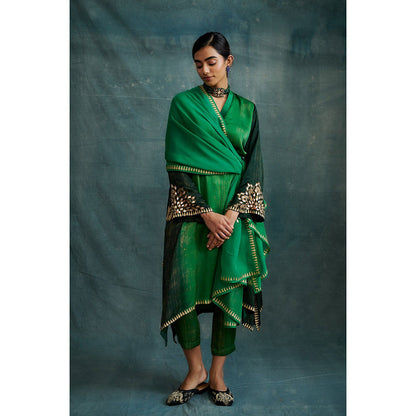 Krishna Mehta Green Shaded Embroidered Block Printed Kurta and Pant with Dupatta (Set of 3)