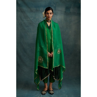 Krishna Mehta Green Shaded Embroidered Block Printed Kurta and Pant with Dupatta (Set of 3)