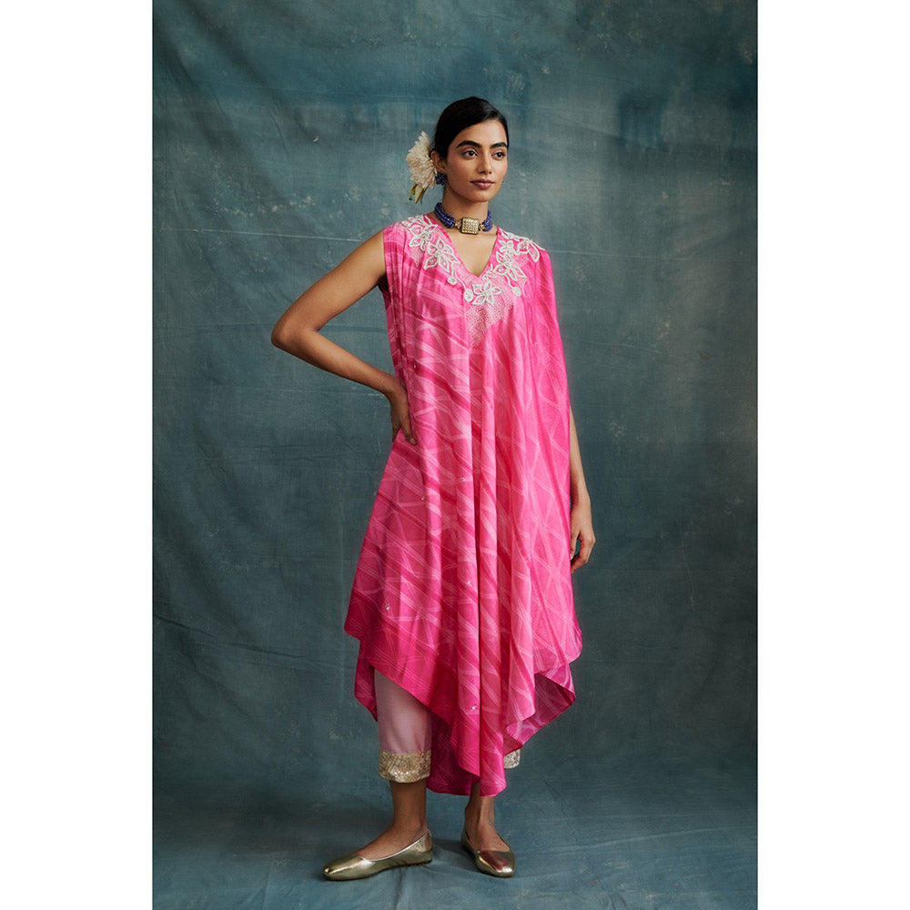 Krishna Mehta Fuchsia Pink Embroidered V Neck Kurta and Pant (Set of 2)