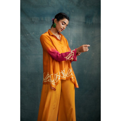 Krishna Mehta Orange Fuchsia Ombre Stylish Shirt and Palazzo (Set of 2)