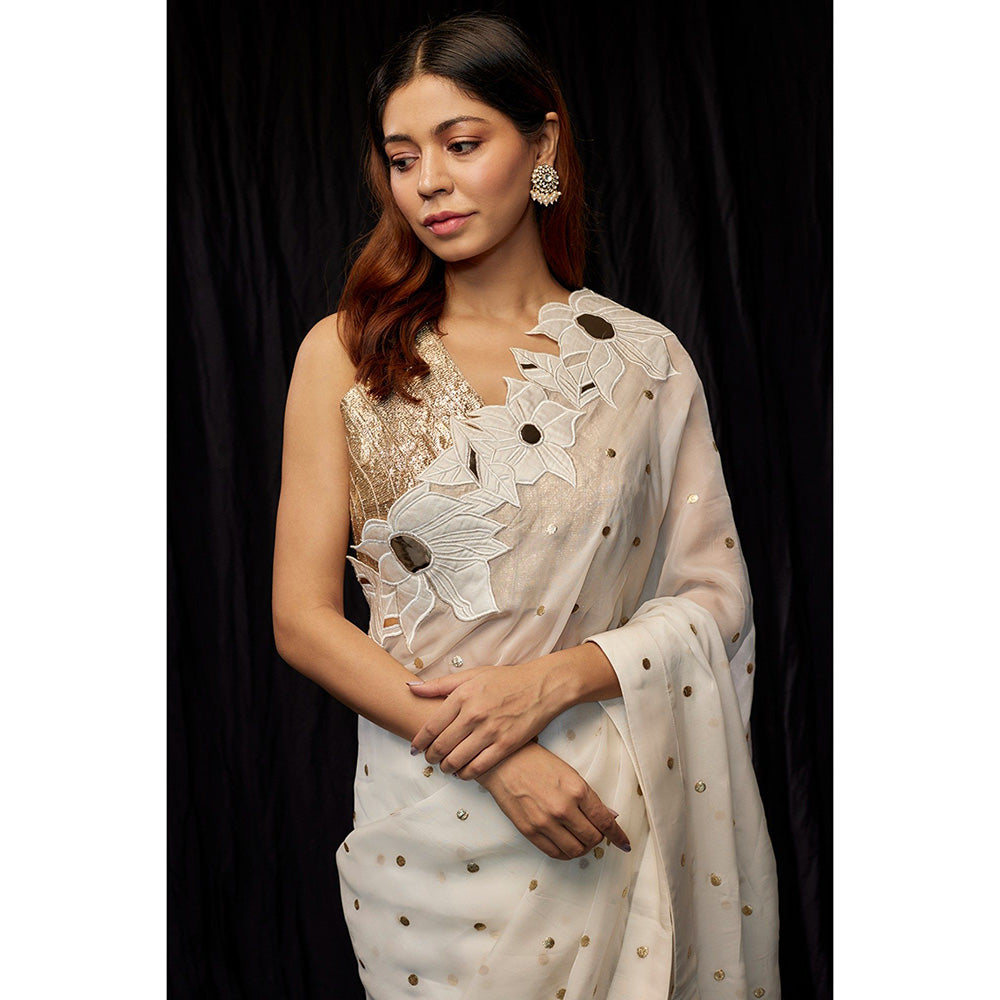 Kriti Bapna White Applique Border Saree with Stitched Blouse