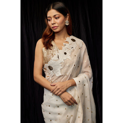 Kriti Bapna White Applique Border Saree with Stitched Blouse