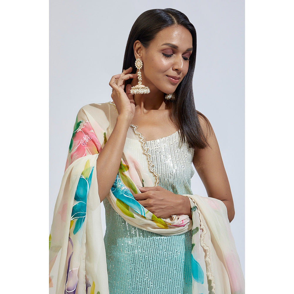 Kriti Bapna Multi-Colour Shaded Sequins Hand painted Kurta with Palazzo and Dupatta (Set of 3)