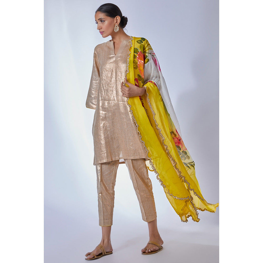 Kriti Bapna Gold Kurta with Pant and Hand painted Dupatta (Set of 3)