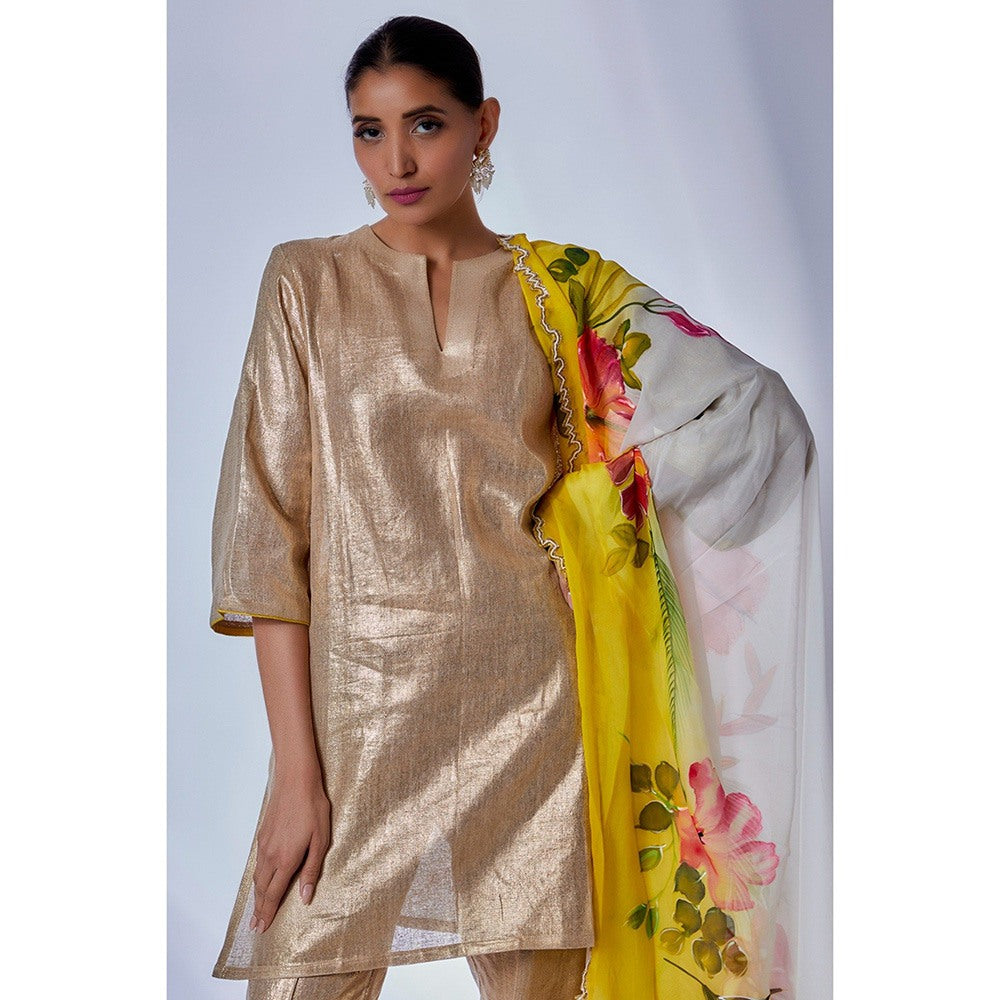 Kriti Bapna Gold Kurta with Pant and Hand painted Dupatta (Set of 3)