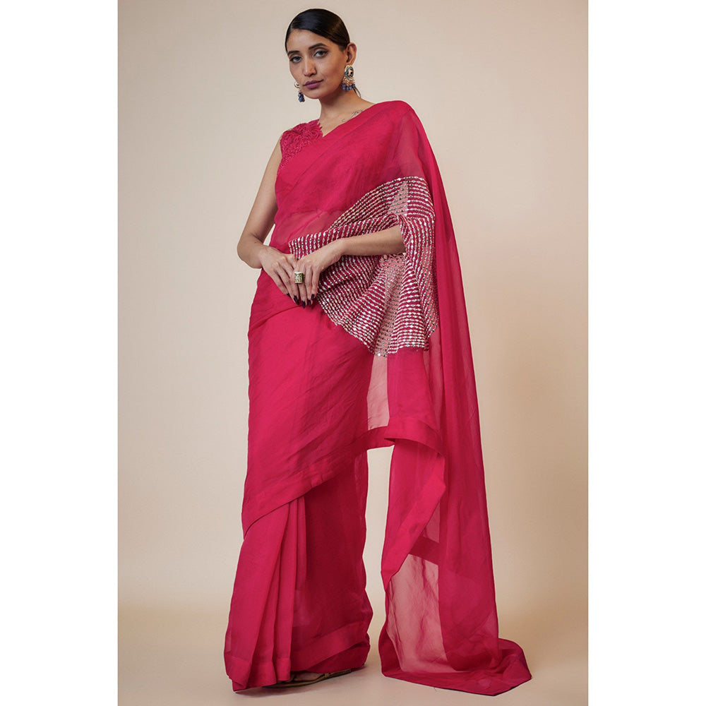 Kriti Bapna Pink Pocket Embroidered Saree with Sleeveless Applique Blouse with Stitched Blouse