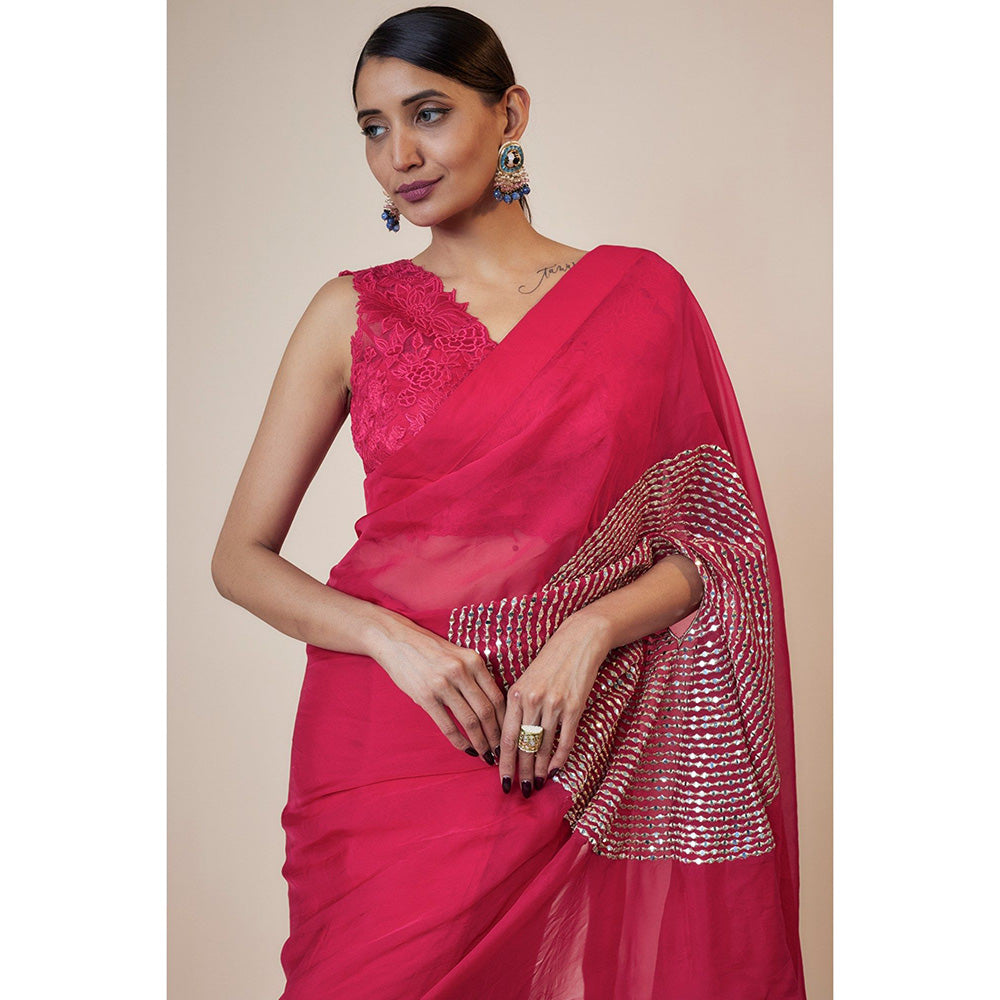 Kriti Bapna Pink Pocket Embroidered Saree with Sleeveless Applique Blouse with Stitched Blouse