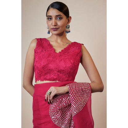 Kriti Bapna Pink Pocket Embroidered Saree with Sleeveless Applique Blouse with Stitched Blouse