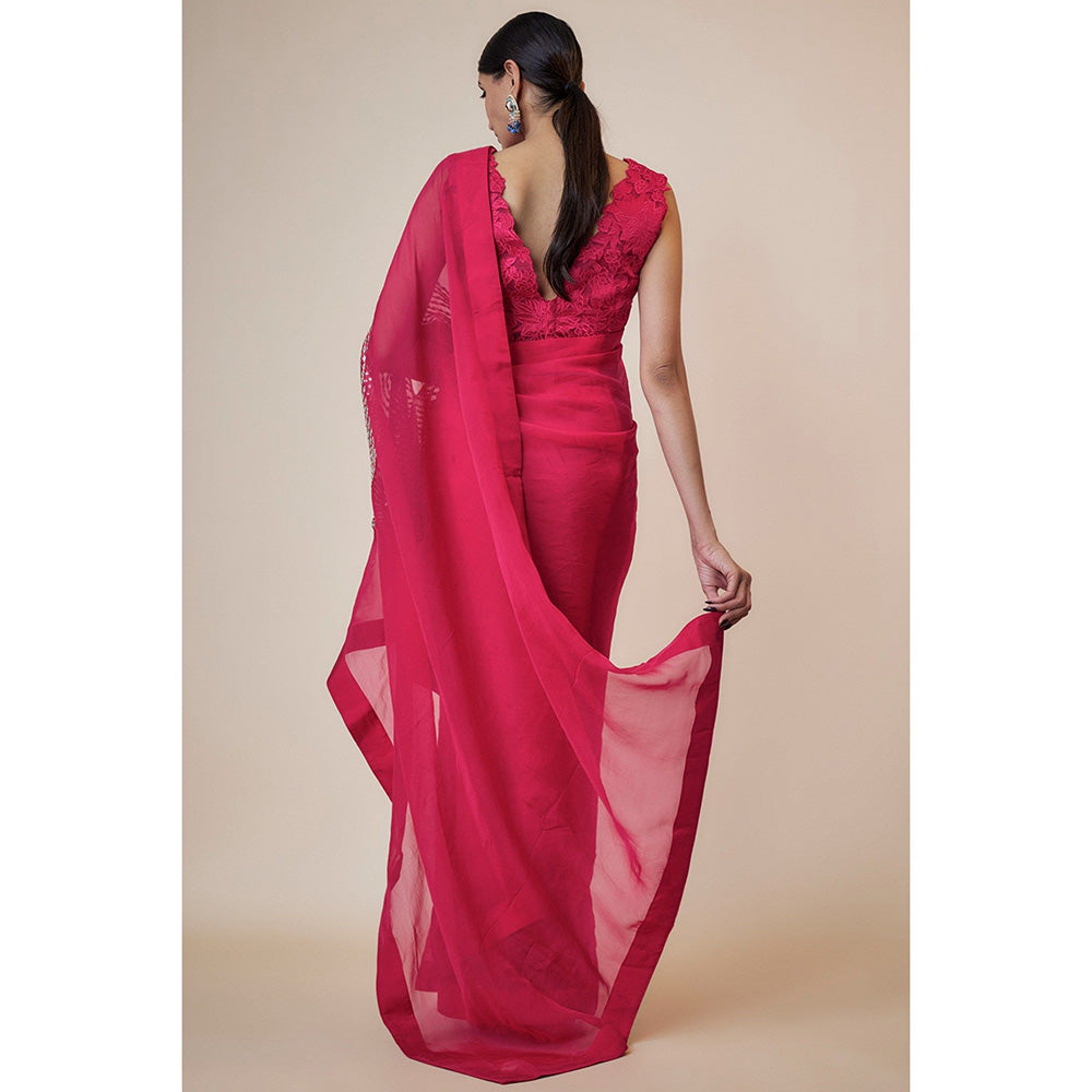 Kriti Bapna Pink Pocket Embroidered Saree with Sleeveless Applique Blouse with Stitched Blouse