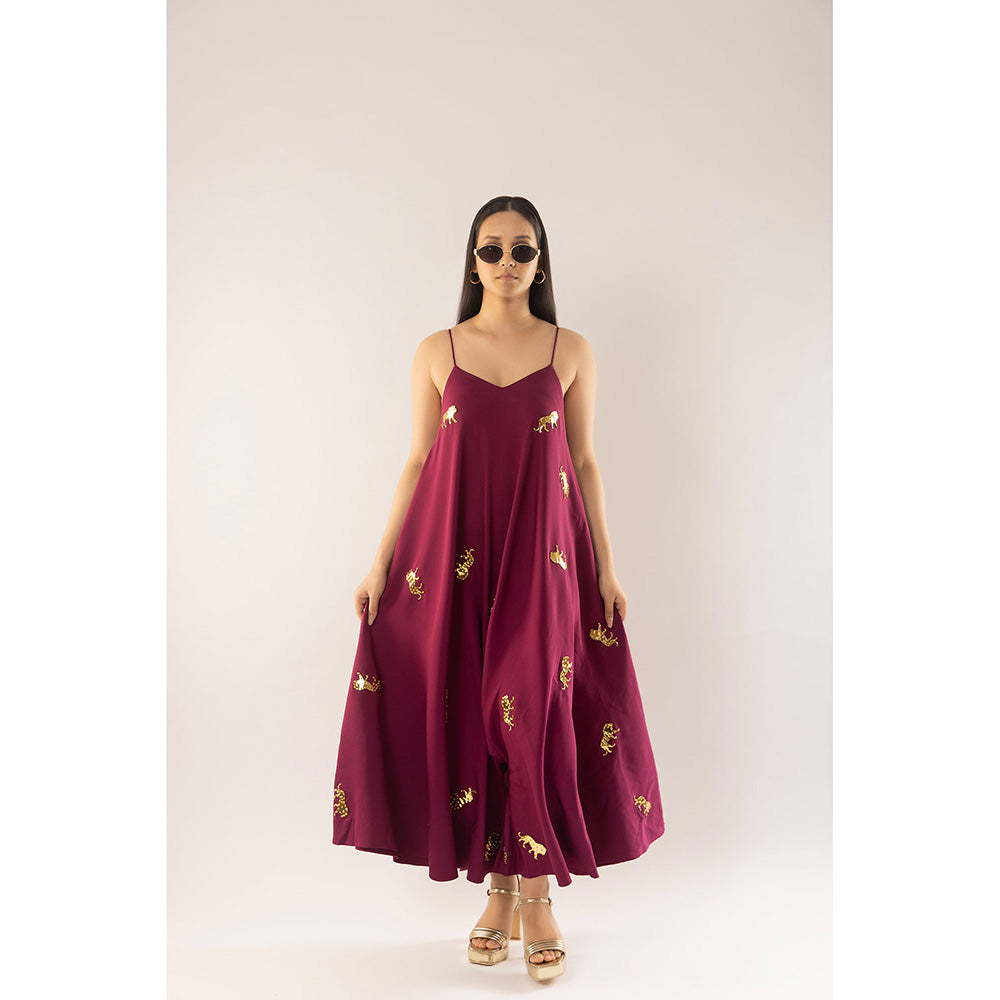 Kriti Bapna Wine Animal Motif Jumpsuit (Set of 2)