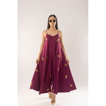Kriti Bapna Wine Animal Motif Jumpsuit (Set of 2)
