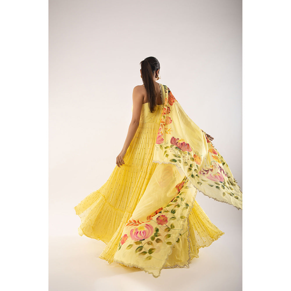 Kriti Bapna Yellow Tiered Anarkali And Dupatta (Set of 2)