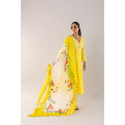 Kriti Bapna Yellow Mirror Work Yoke Anarkali With Pant And Dupatta (Set of 2)