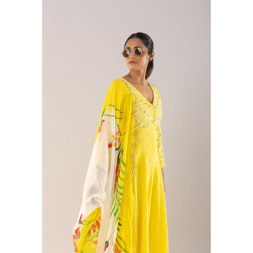 Kriti Bapna Yellow Mirror Work Yoke Anarkali With Pant And Dupatta (Set of 2)