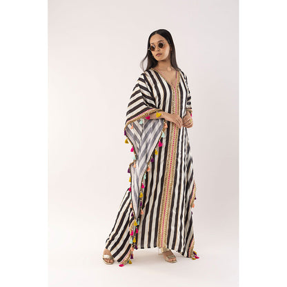 Kriti Bapna White Stripe Kaftan Dress with Inner (Set of 2)