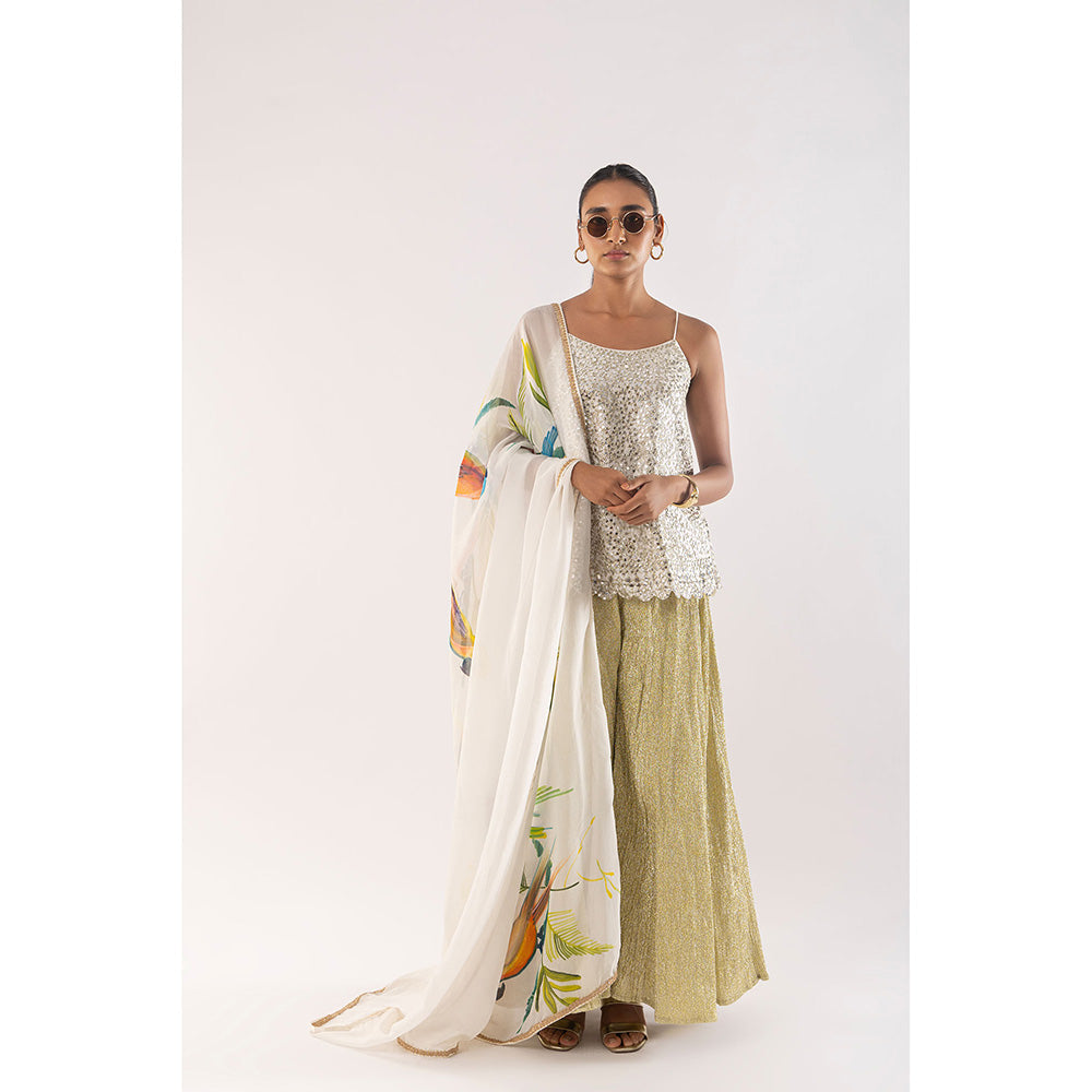 Kriti Bapna White Mirror Top with Palazzo and Dupatta (Set of 3)