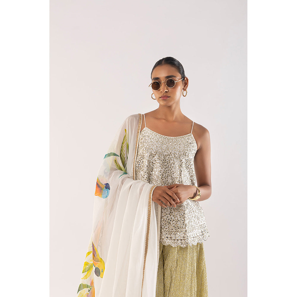 Kriti Bapna White Mirror Top with Palazzo and Dupatta (Set of 3)