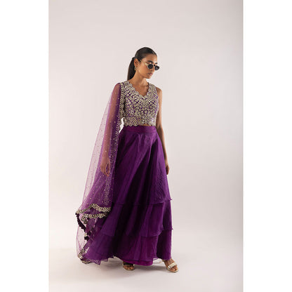 Kriti Bapna Purple Mirror Blouse with Layered Skirt and Dupatta (Set of 3)