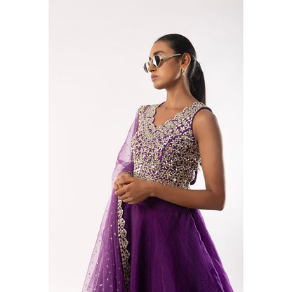 Kriti Bapna Purple Mirror Blouse with Layered Skirt and Dupatta (Set of 3)
