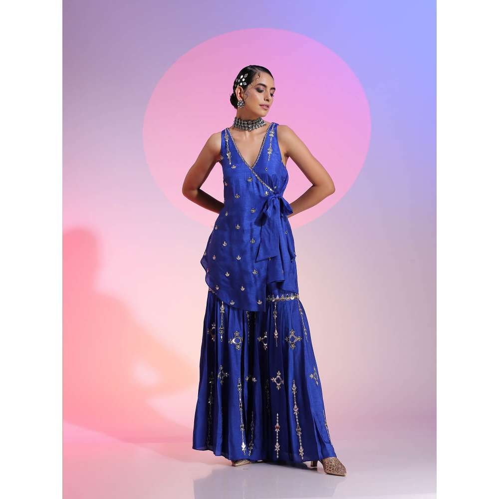 Kudi Pataka Designs Luna Blue Embroidered Sharara With Kurti (Set of 2)