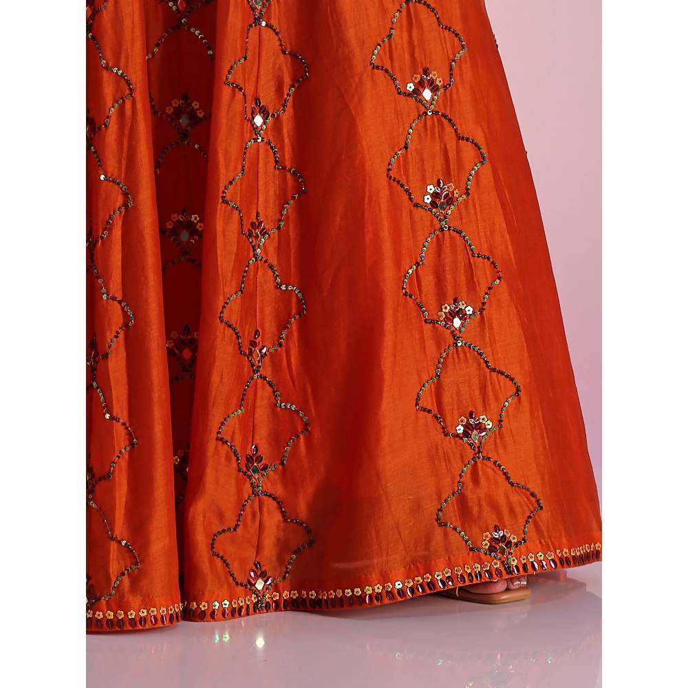 Kudi Pataka Designs Iris Rust Fusion Lehenga With Choli & Dupatta (Set of 3)