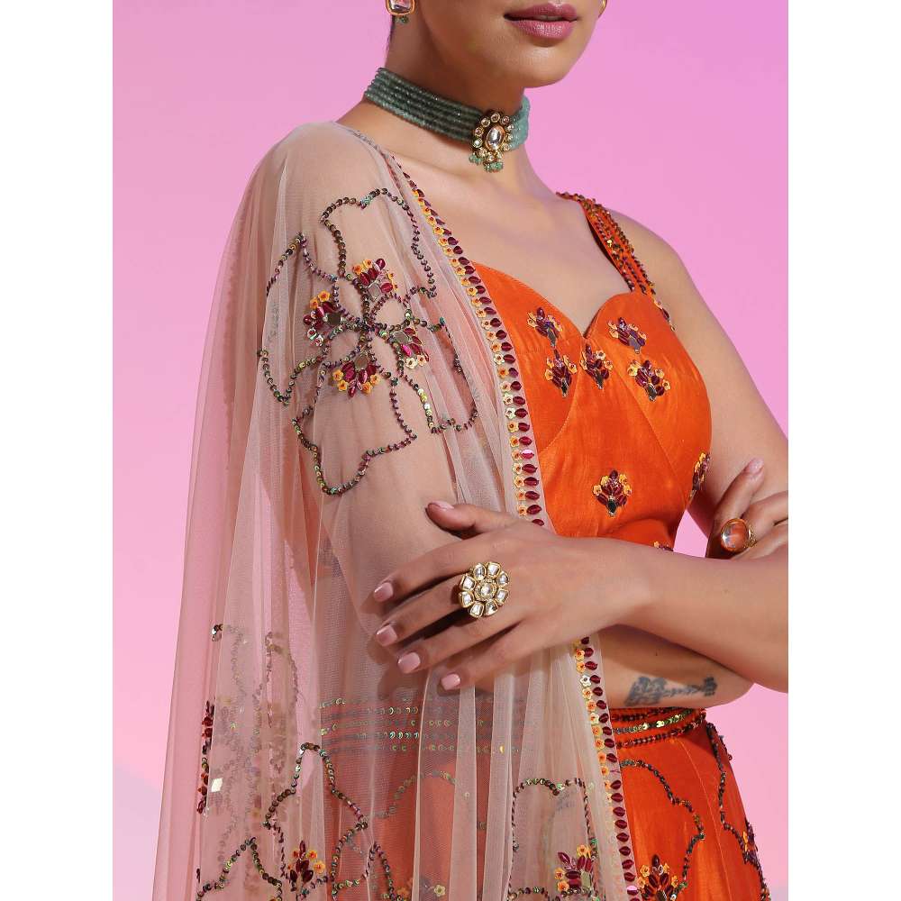 Kudi Pataka Designs Iris Rust Fusion Lehenga With Choli & Dupatta (Set of 3)