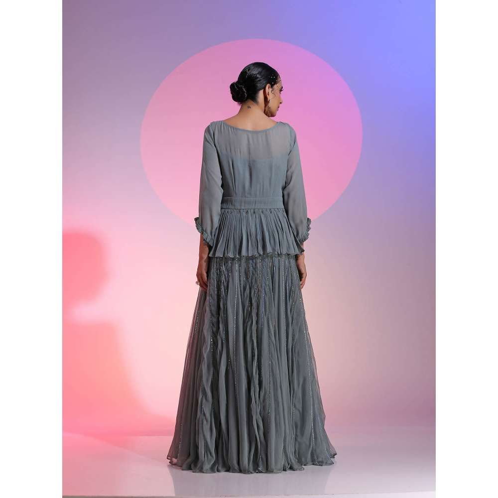 Kudi Pataka Designs Faiz gb Blue Sequined Top and Skirt (Set of 2)