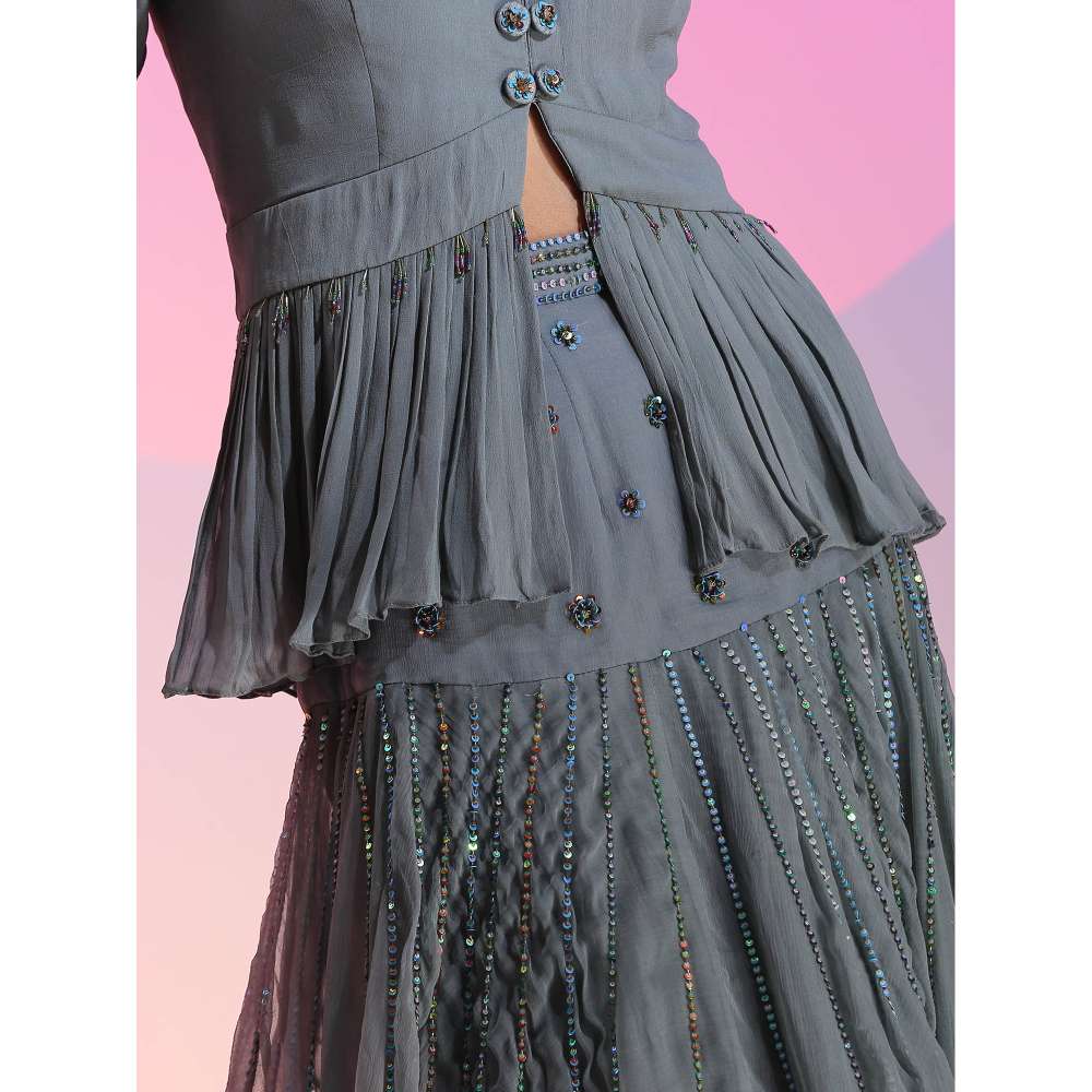 Kudi Pataka Designs Faiz gb Blue Sequined Top and Skirt (Set of 2)