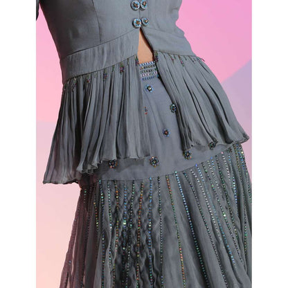 Kudi Pataka Designs Faiz gb Blue Sequined Top and Skirt (Set of 2)