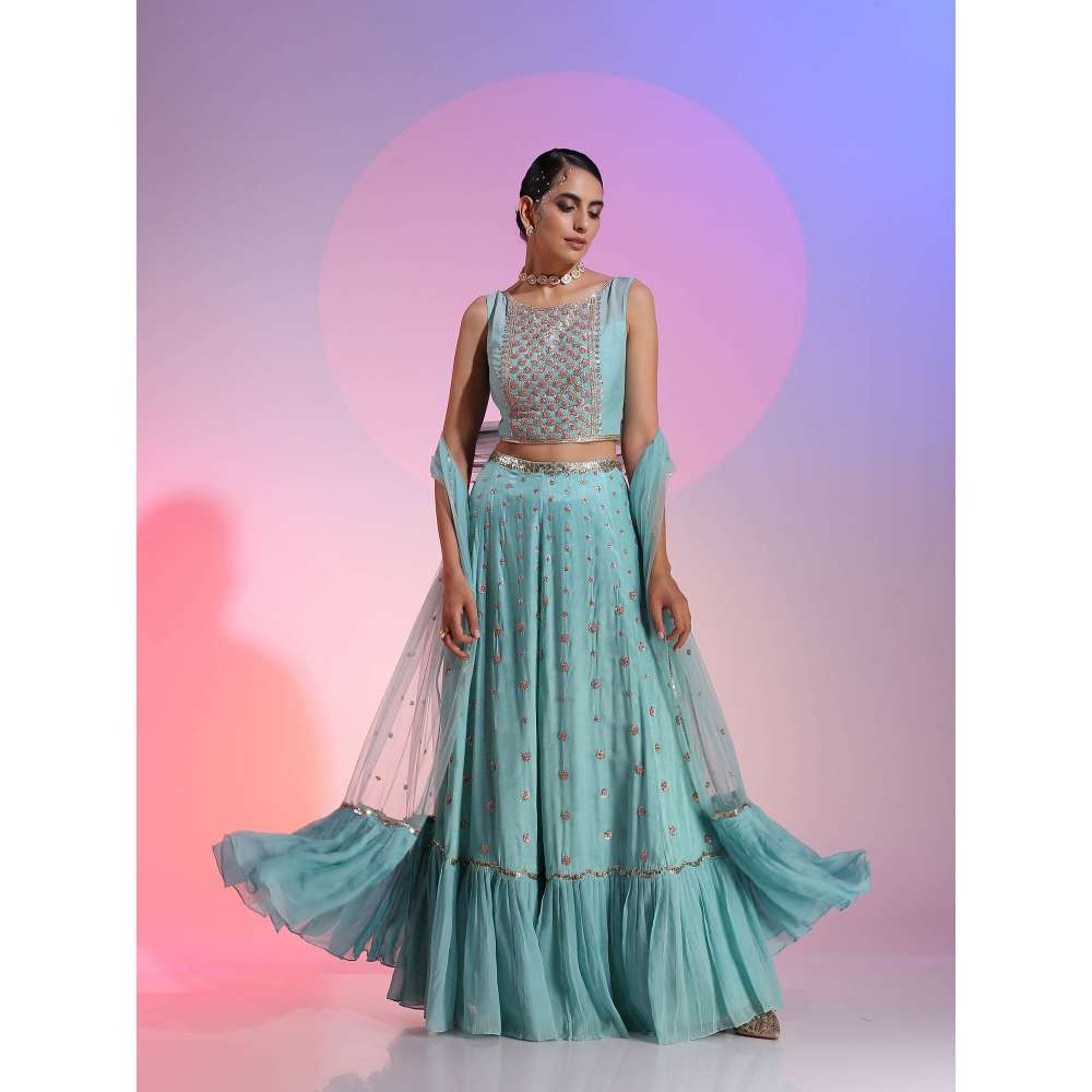 Kudi Pataka Designs Ella-aq Blue Fusion Lehenga With Choli & Dupatta (Set of 3)