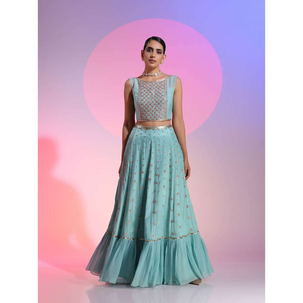 Kudi Pataka Designs Ella-aq Blue Fusion Lehenga With Choli & Dupatta (Set of 3)