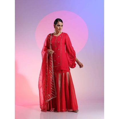 Kudi Pataka Designs Ruby Red Kurti With Skirt & Dupatta (Set of 3)