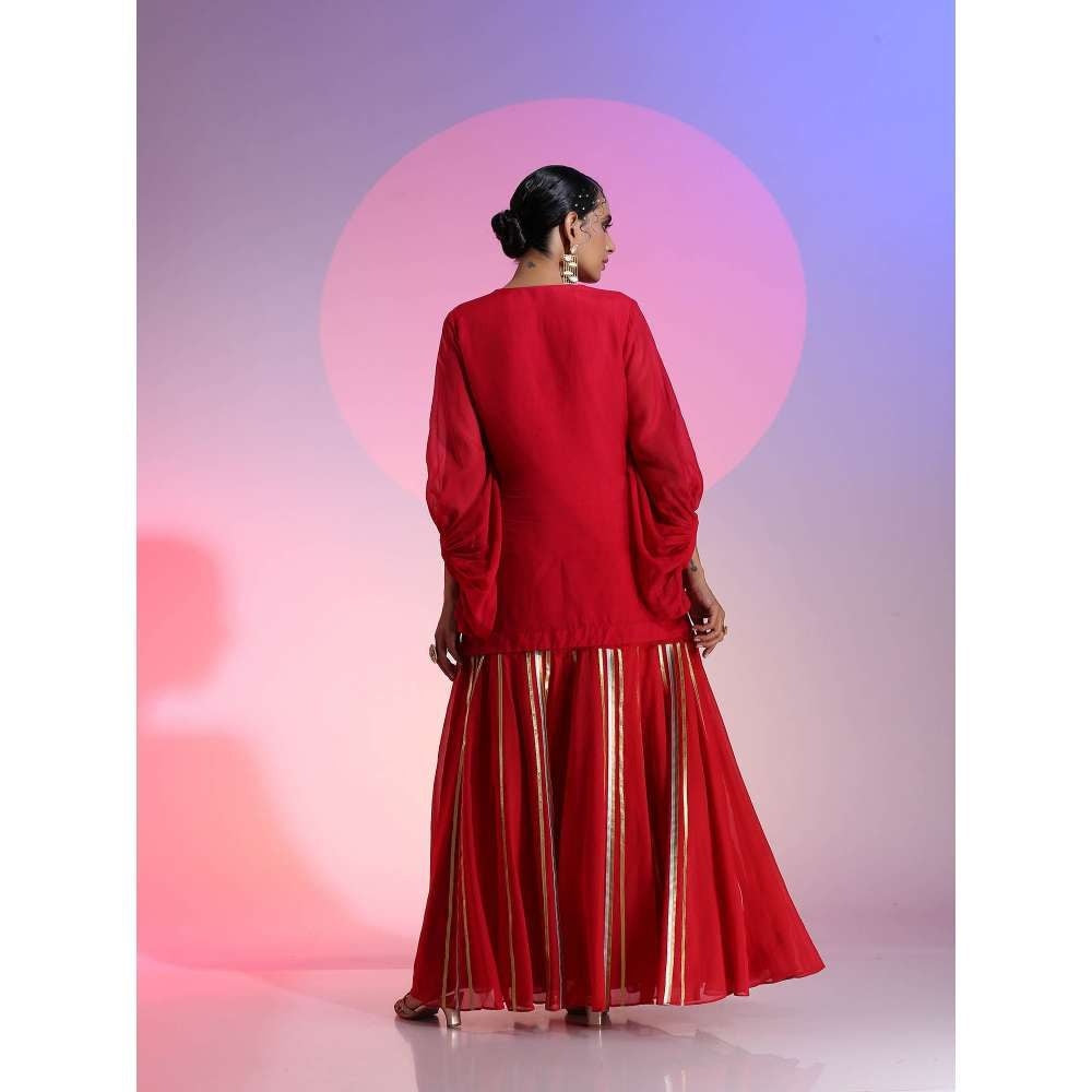 Kudi Pataka Designs Ruby Red Kurti With Skirt & Dupatta (Set of 3)
