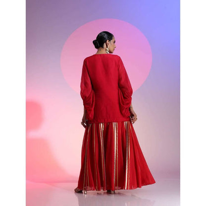 Kudi Pataka Designs Ruby Red Kurti With Skirt & Dupatta (Set of 3)
