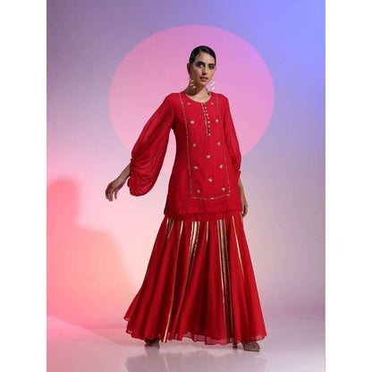 Kudi Pataka Designs Ruby Red Kurti With Skirt & Dupatta (Set of 3)