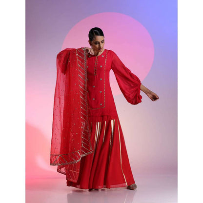 Kudi Pataka Designs Ruby Red Kurti With Skirt & Dupatta (Set of 3)