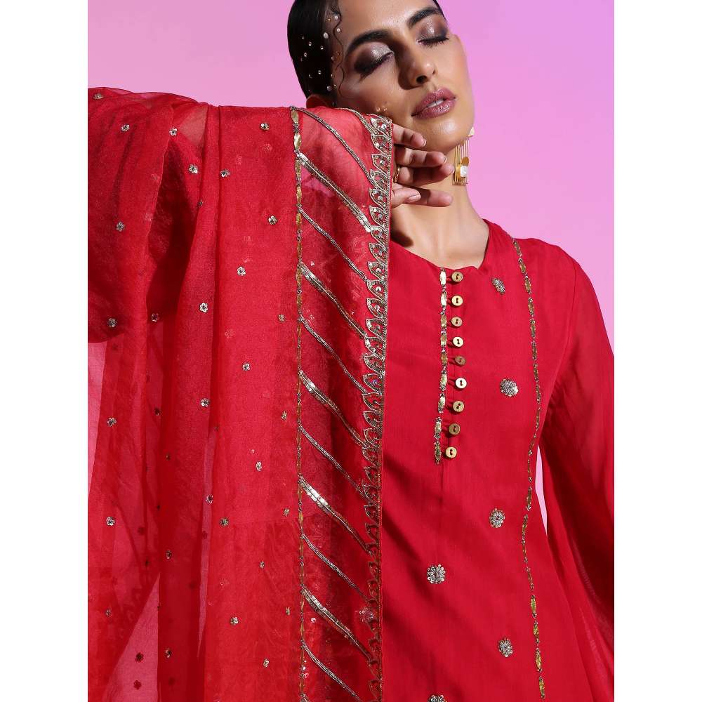 Kudi Pataka Designs Ruby Red Kurti With Skirt & Dupatta (Set of 3)