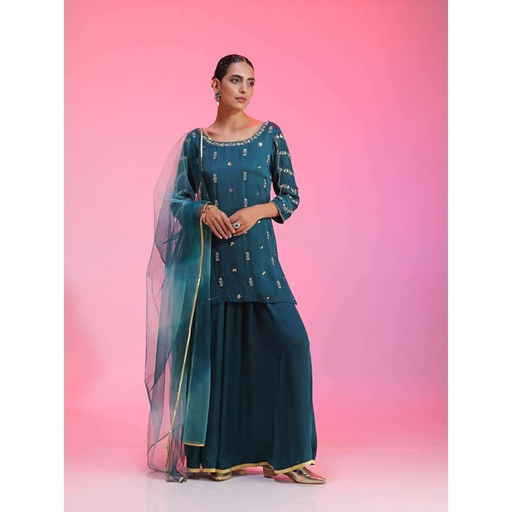 Kudi Pataka Designs Dhaaree-te Teal Kurti With Sharara & Dupatta (Set of 3)