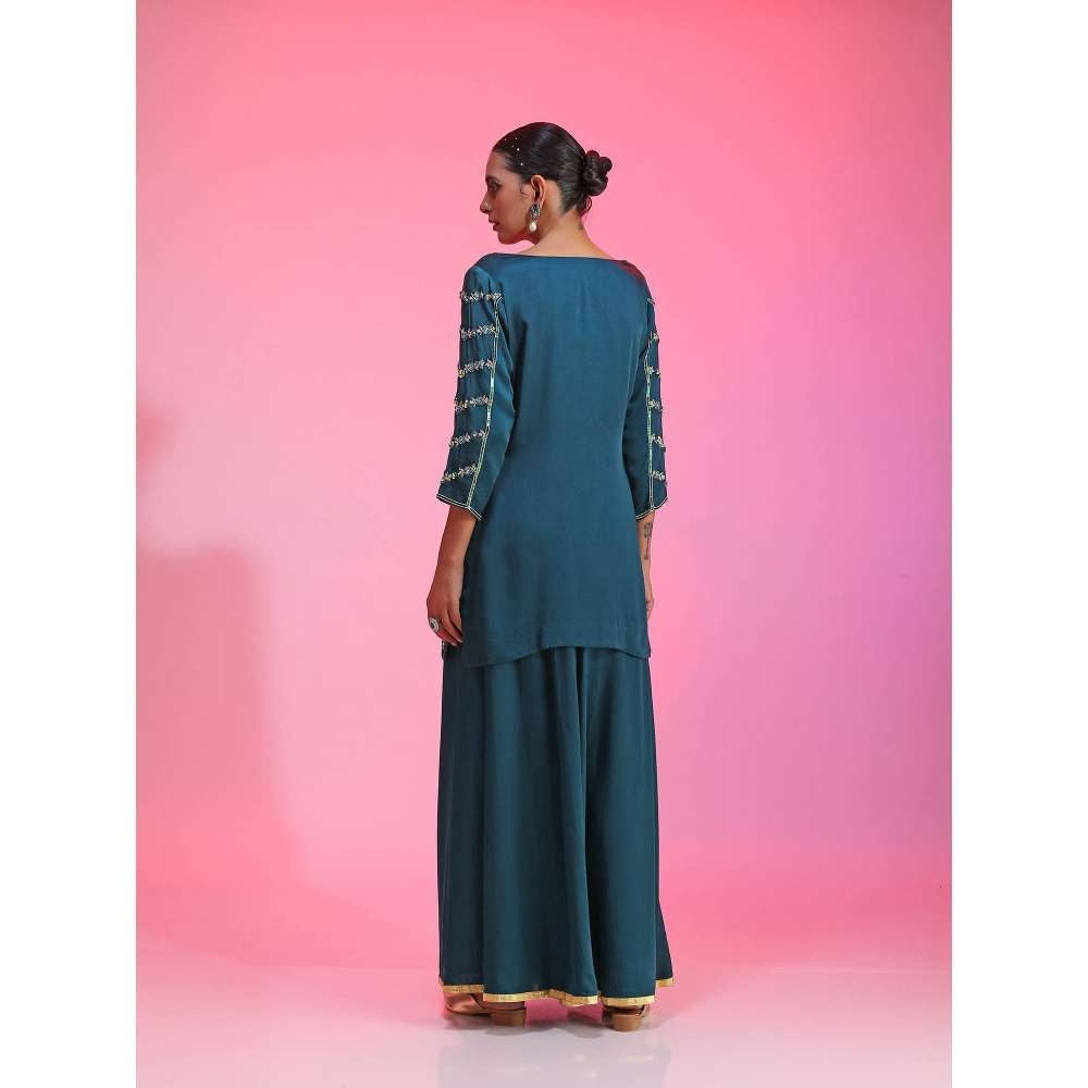 Kudi Pataka Designs Dhaaree-te Teal Kurti With Sharara & Dupatta (Set of 3)