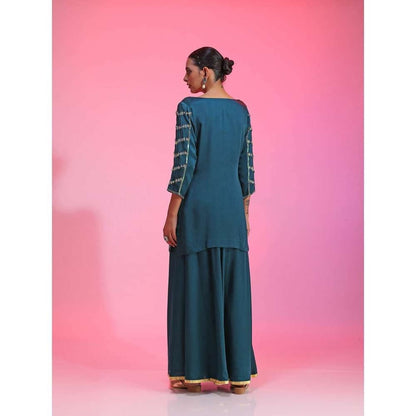 Kudi Pataka Designs Dhaaree-te Teal Kurti With Sharara & Dupatta (Set of 3)