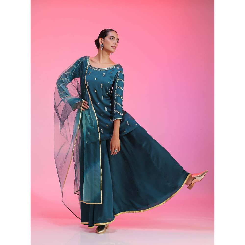 Kudi Pataka Designs Dhaaree-te Teal Kurti With Sharara & Dupatta (Set of 3)