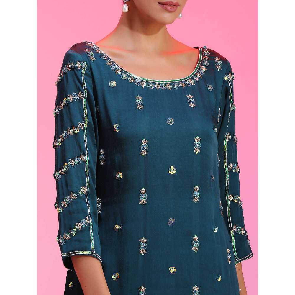 Kudi Pataka Designs Dhaaree-te Teal Kurti With Sharara & Dupatta (Set of 3)