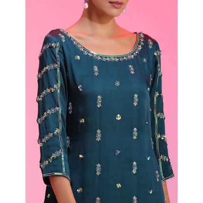 Kudi Pataka Designs Dhaaree-te Teal Kurti With Sharara & Dupatta (Set of 3)