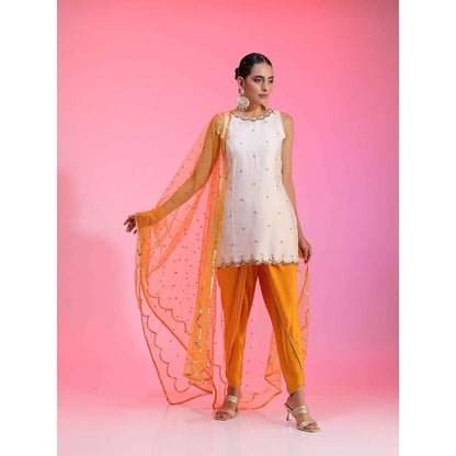 Kudi Pataka Designs Kamaya White Kurti With Dhoti & Dupatta (Set of 3)