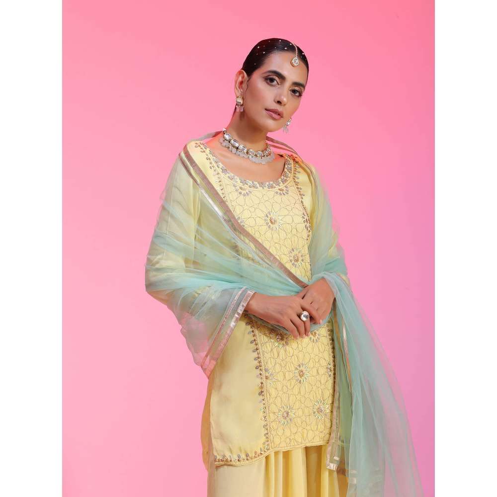 Kudi Pataka Designs Gulabo-ya Yellow Kurta With Sharara & Dupatta (Set of 3)