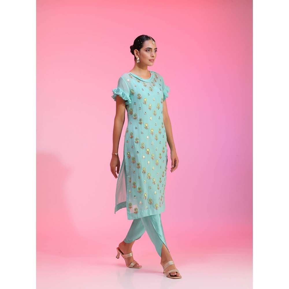 Kudi Pataka Designs Kali-trq Blue Kurta With Slip & Dhoti (Set of 3)