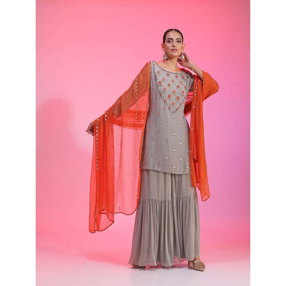 Kudi Pataka Designs Roohi-go Grey Kurti With Sharara & Dupatta (Set of 3)
