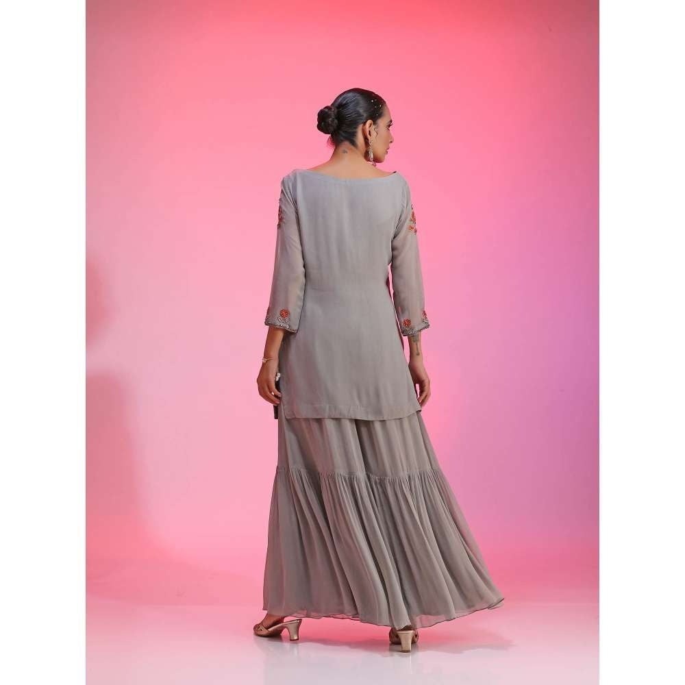 Kudi Pataka Designs Roohi-go Grey Kurti With Sharara & Dupatta (Set of 3)