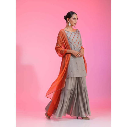 Kudi Pataka Designs Roohi-go Grey Kurti With Sharara & Dupatta (Set of 3)